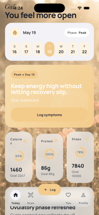 Gal Today screen showing ovulatory phase nutrition guidance